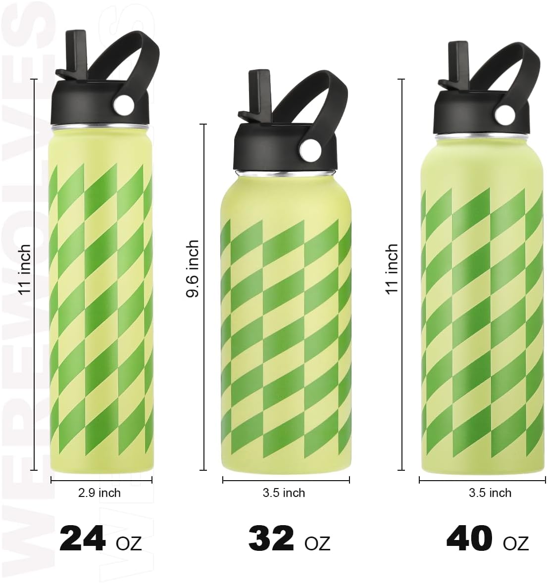 WEREWOLVES Insulated Water Bottle With Handles Strap Two Lid,Reusable Wide Mouth Vacuum Stainless Steel Water Bottle for Adults 24 oz, 32 oz, 40 oz