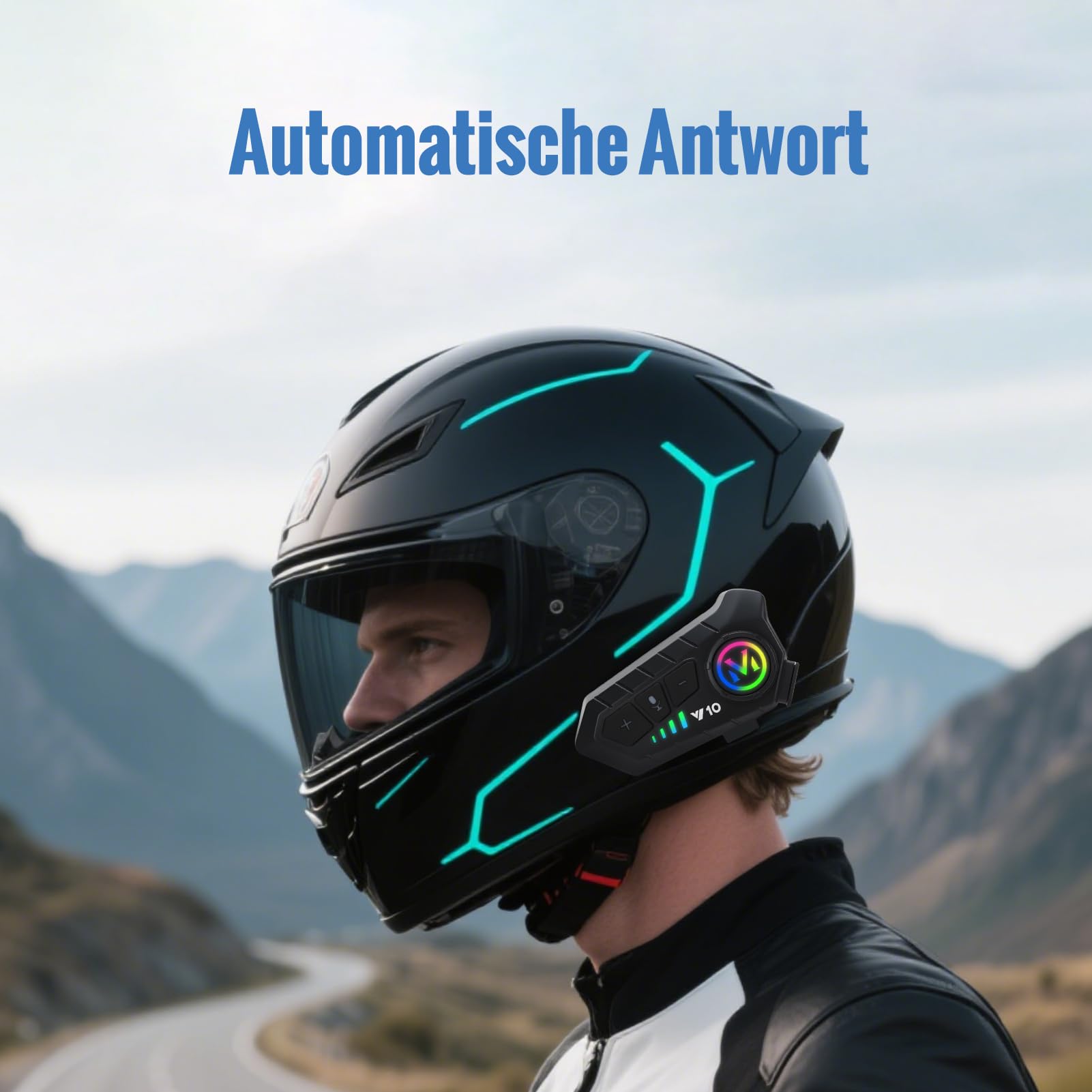 Motorradhelm Bluetooth Headset, Y10 Motorrad Helm Headset mit Sprachassistent, Automatische Beantwortung und Doppelte Geräuschabsparung, für Motorradfahren Skifahren Radfahren