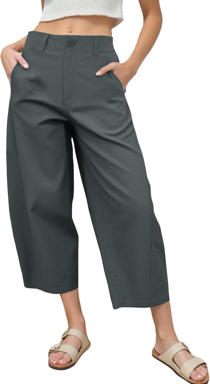 Women's Barrel Leg Pants Casual High Waisted Summer Baggy Harem Pants Trendy Elastic Waist Trousers with Pockets