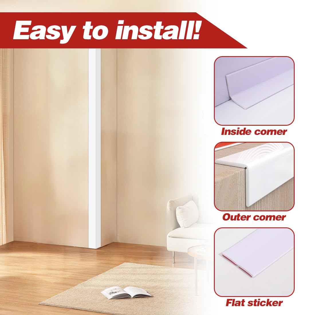 RANJIMA Battiscopa morbido autoadesivo, protezione per bordi, impermeabile, in silicone PVC, flessibile, per porte, pareti, cucina (bianco, 10 mm x 10 mm x 4 m)
