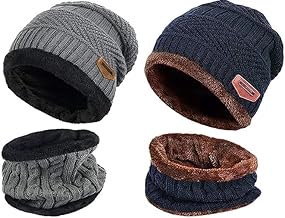 Buy for Happiness Woolen Beanie/Skull Cap & Neck Warmer (Muffler) Combo for Winters with Inside Fur | Warm Hat | Hedging Hat Scarf Set |Air Proof Cap | Ear Warmer 2 Cap & 2 Neck Warmer