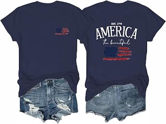 Womens 4th of July Outfits USA Shirt Memorial Day Red White and Blue Patriotic Shirts American Flag Graphic Tops