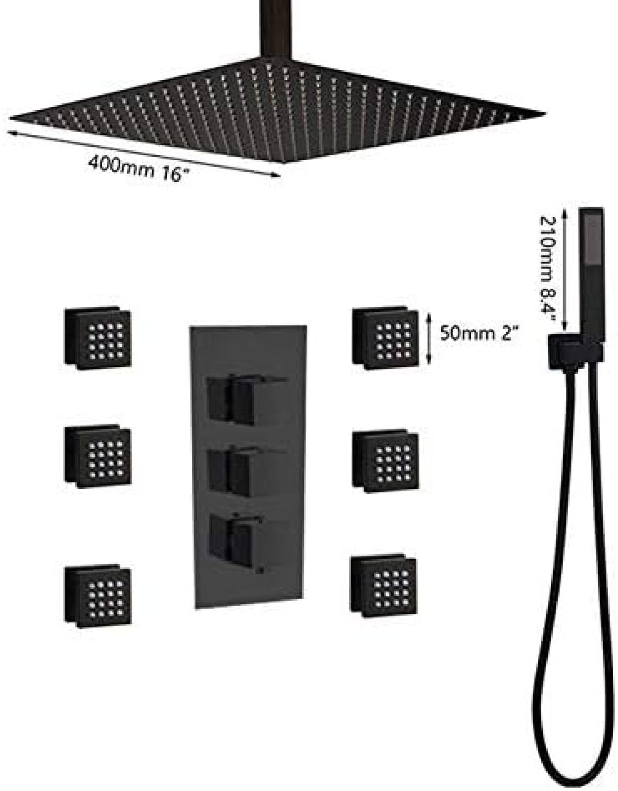 Conjunto De Ducha Led De Estilo Cascada Cuadrado De Latón Negro para Montaje En Pared, Nuevo, con Manija Y Cabezal De Ducha Tipo Lluvia.,