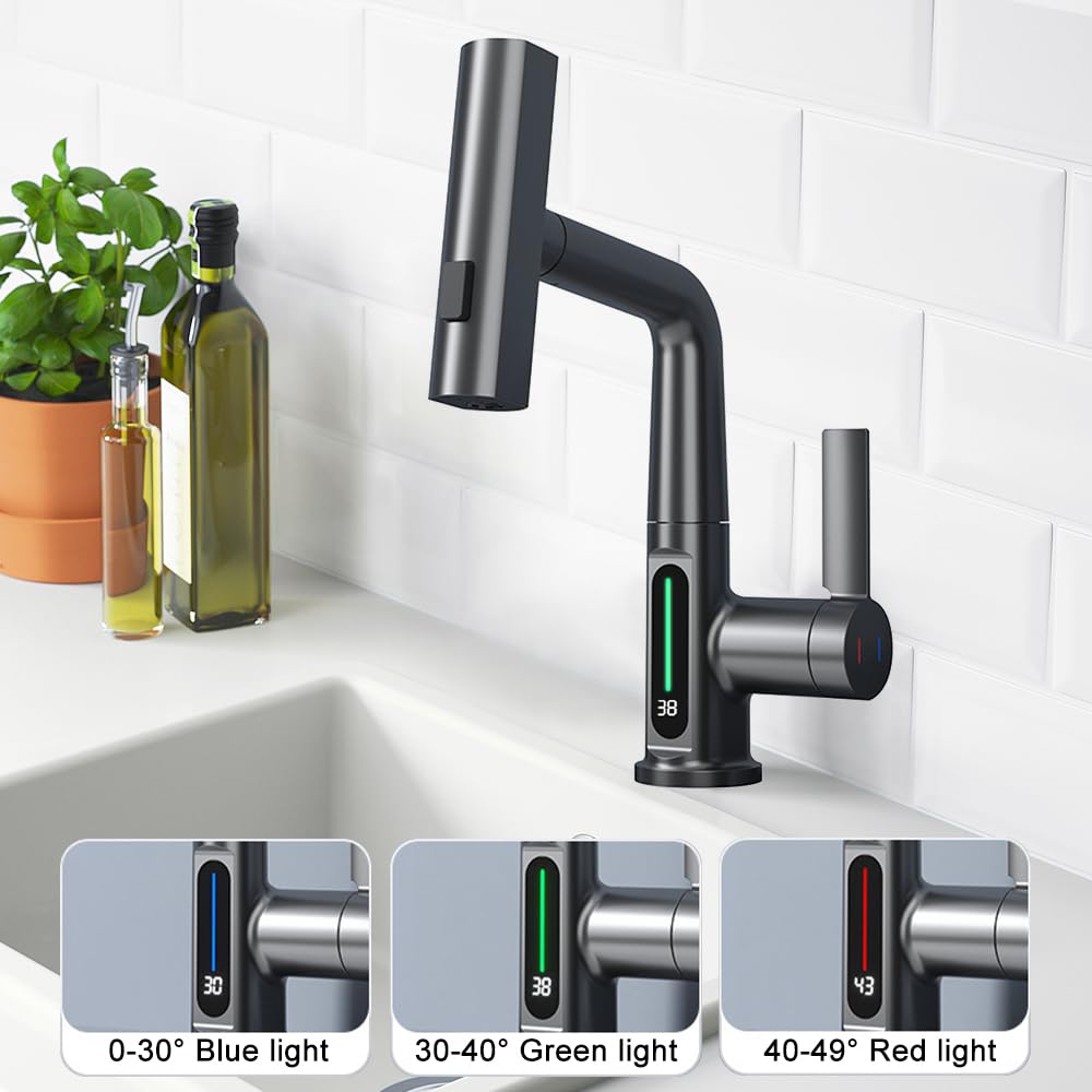Robinets de cuisine avec rotation à 360 degrés extensible avec pulvérisateur extractible, robinet 3 voies avec régulateur de jet, noir