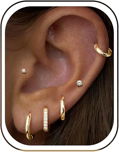 WomenGifts Small Gold Huggie Hoop Stud Earrings Set for Women Stack, Flat Back 316L Hypoallergenic 14K Plated Cartilage Helix Tragus Earrings for Multiple Piercings, Sleeper Earrings Cute 6 Pairs Jewelry Gifts