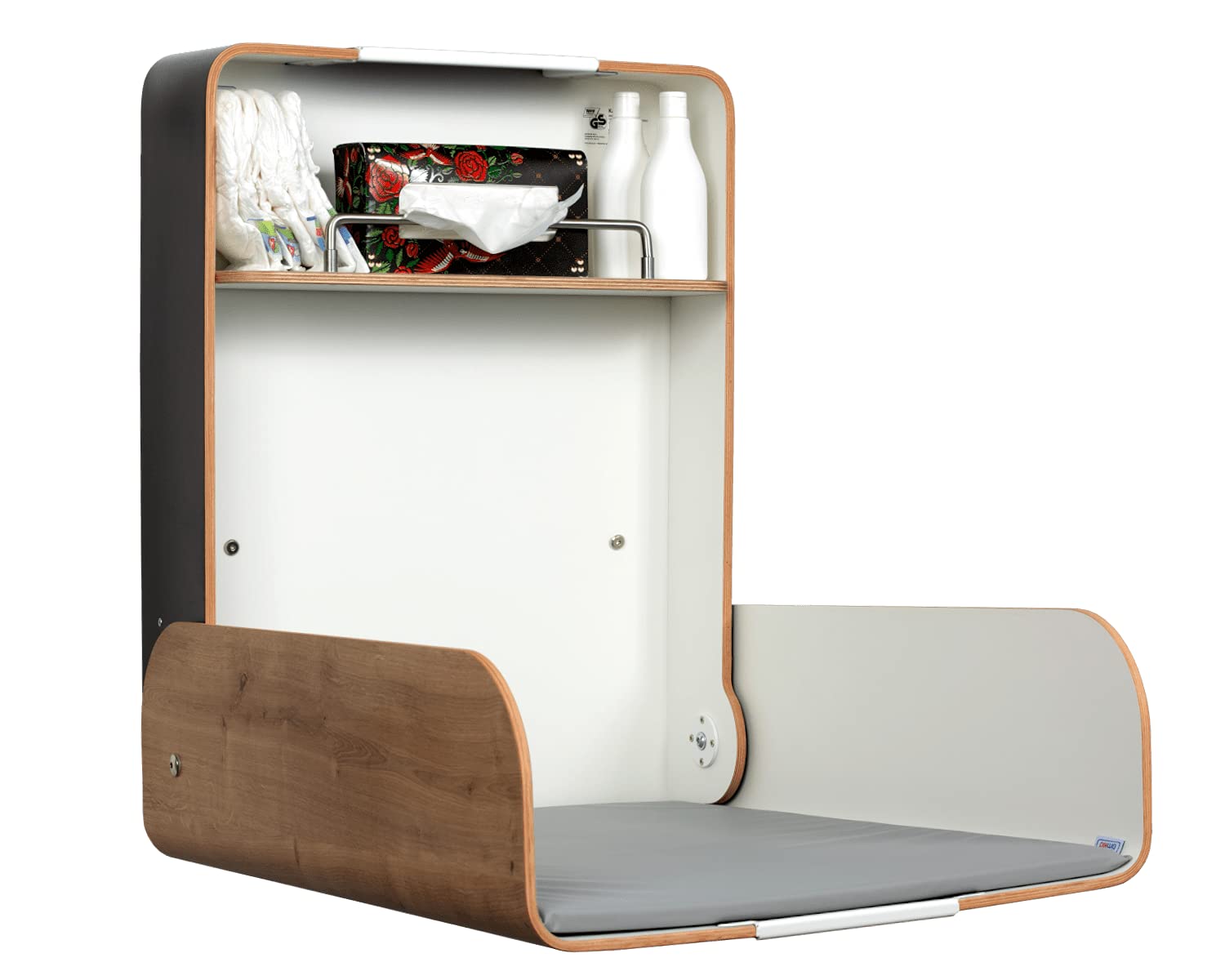 KAWAmidi Oak - Table à langer timkid - Certifié TÜV - Table à langer murale pliable et peu encombrante - Avec matelas à langer gris - Idéal pour les espaces publics et privés - Partie centrale blanche