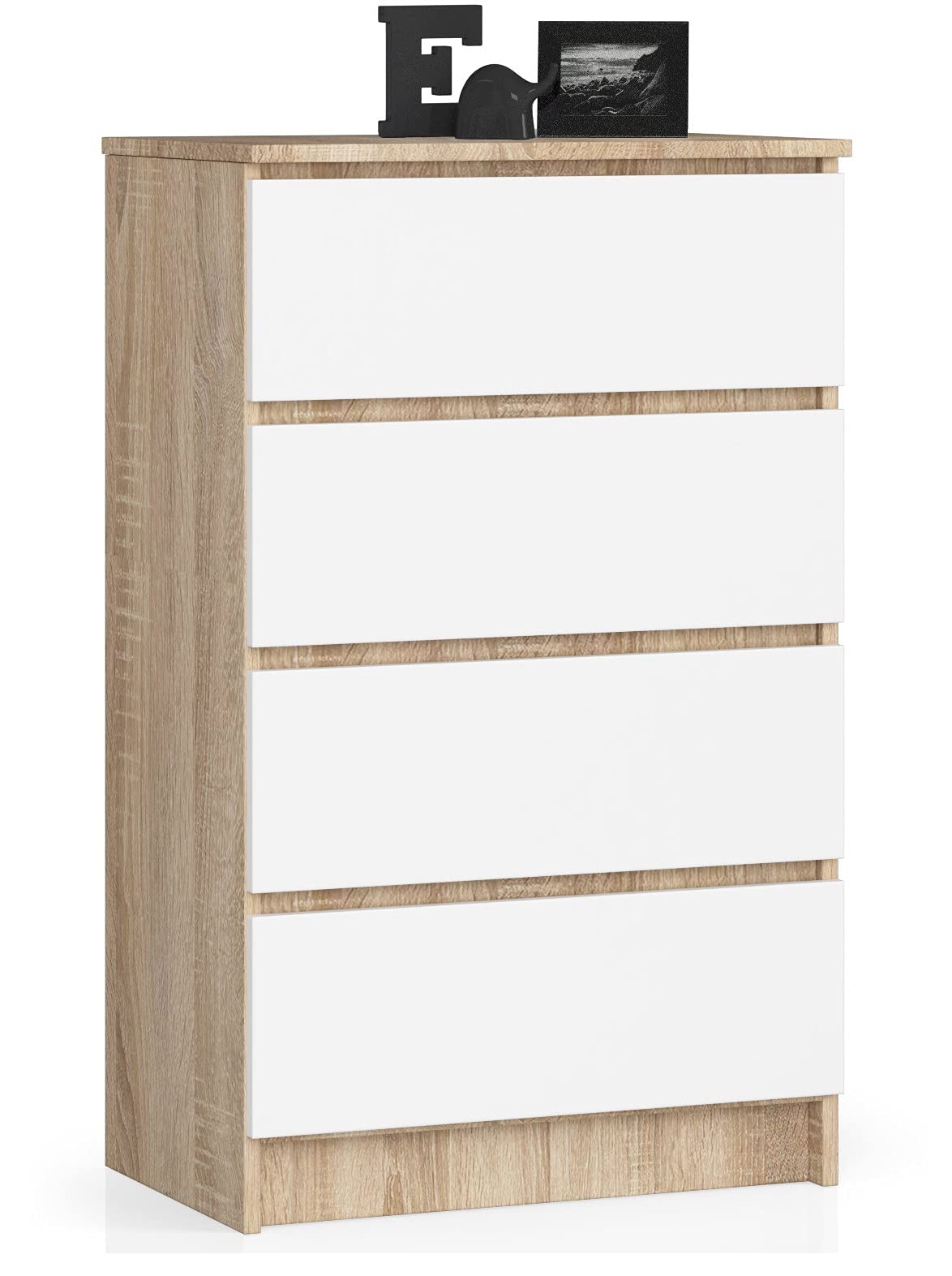 AKORD Kommode K60 60 cm | 4 Schubladen | Schrank | für das Wohnzimmer | für das Schlafzimmer | B60 x H99 x T40 cm | Gewicht 29,80 kg | Sonoma Eiche/Weiß