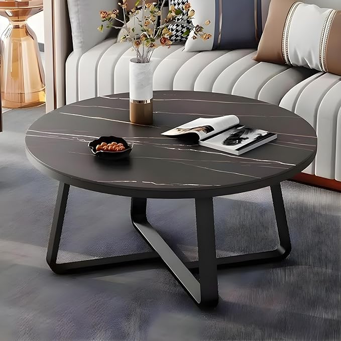 Image of Round Center Table for Living Room with Stylish & Modern Design: Elegant Gold Metal Coffee Table with Engineered Wood Top and Golden Iron Frame for Modern Dcor(Full Black)