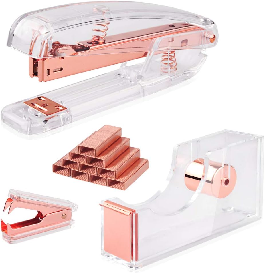 Rose Gold Acrylic Stapler Set Desk Accessory & Decoration Kit for Desk, Stapler and Staple Remover, Tape Dispenser, with 1000 Pcs Rose Gold Staples,Rose Gold Stapler Bundle Office Supplies Set