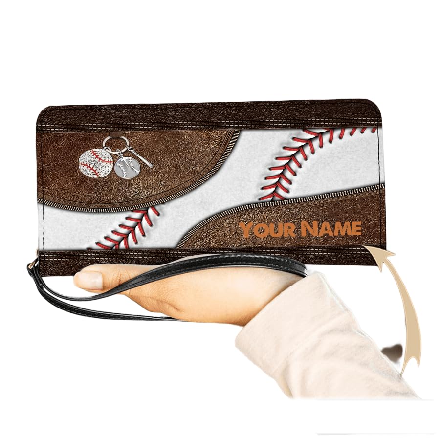 Personalized Baseball Women Leather Wallet, Baseball Player Zipper Wallet, Baseball Long Ladies Travel Clutch Wristlet, Custom Gifts For Baseball Lover (One Size, Baseball)