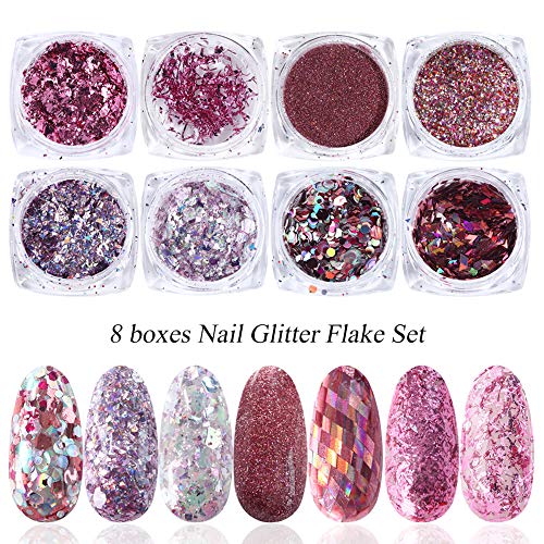 WLKK 8PCS Nail Glitter, Aluminium Roségold Pailletten Flake Nail Art Shimmer Powder für UV Gel Gel Nagel Paillette Mix… – Bild 8