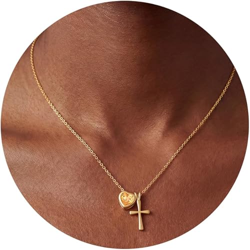 Laeclily Cross Necklace for Women Birthstone Necklace 14k Gold Plated Heart Dain