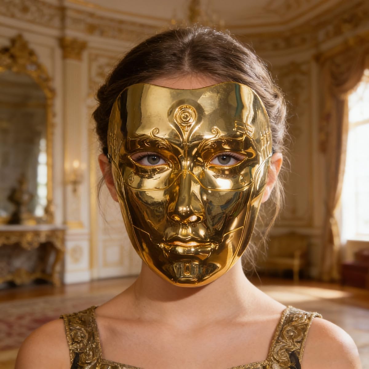 Gold Cyberpunk Mechanical Mask for Teens & Adults (Ages 14+), Shiny Metallic Robot Mask with Circuit Patterns, Cosplay Costume Accessory for Halloween, Masquerades & Themed Parties