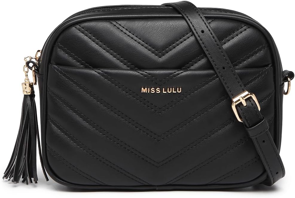 Small Cross Body Bags for Women, Anti-Theft Black Handbag for Travel, PU Leather with Adjustable Strap, V-Shaped Pattern & Tassel Detail