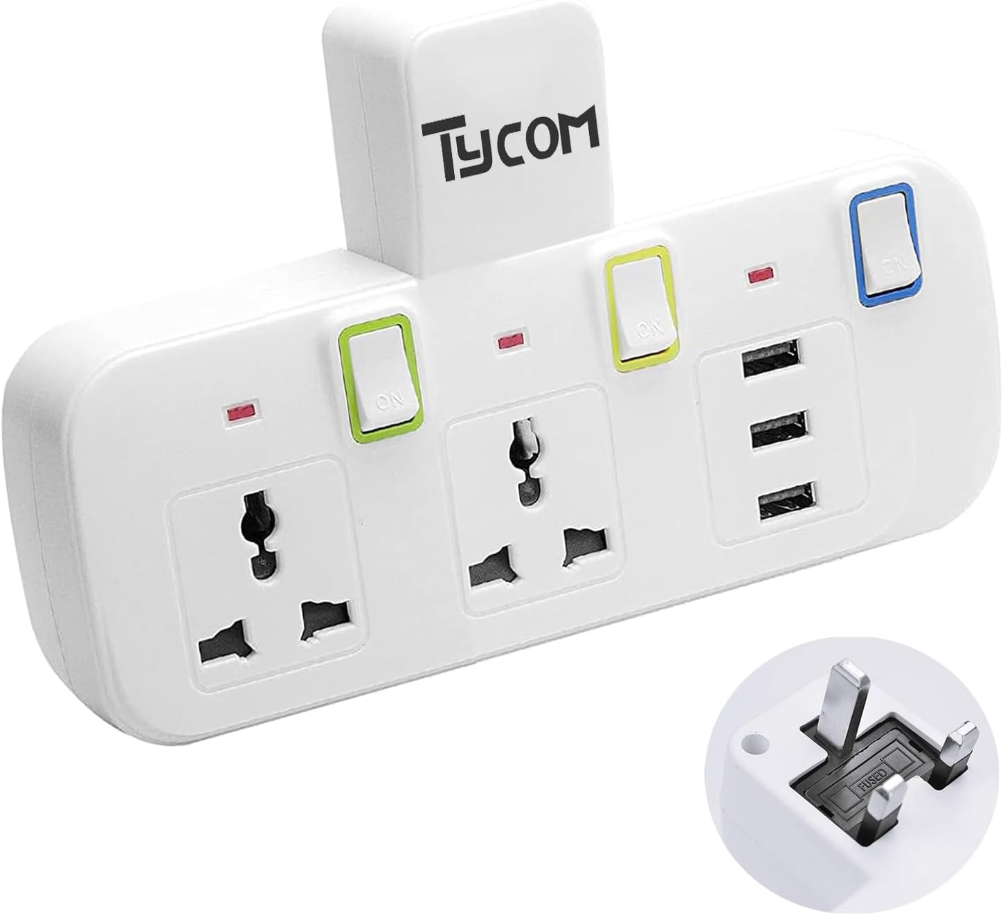 Tycom Power Strip Surge Protector with USB- Extension Cord Flat Plug with Widely 2 AC Outlet and 3 USB, Small Desktop Station, Compact Socket (GK-Z3USB)