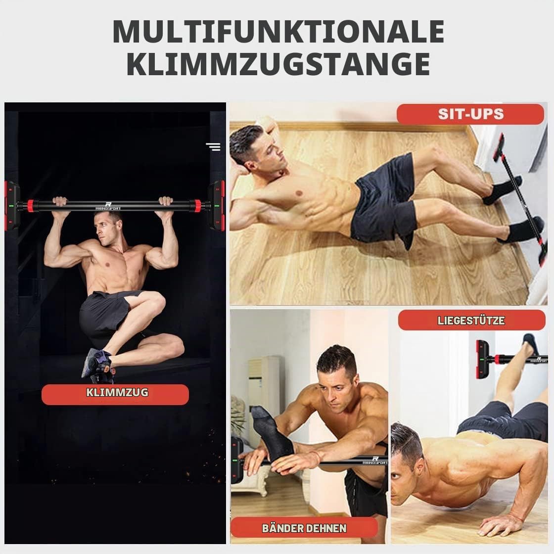RHINOSPORT Klimmzugstange Türrahmen Ohne Schrauben 69-98 cm | ohne Bohren, ausziehbar, federgesichert & rutschfest. Mit/ohne Stützfüße: 69-92/78-98 cm. für Mieter & Heimtraining
