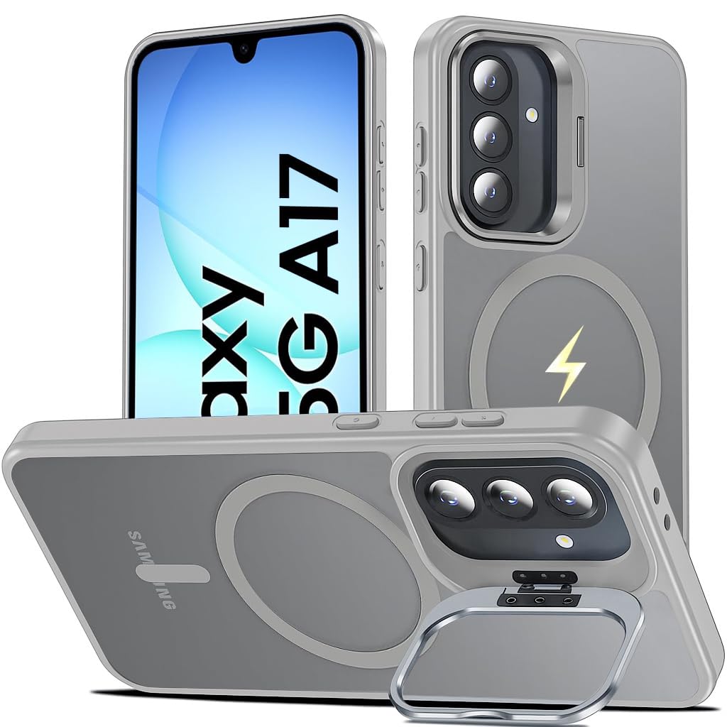 DIZORO Samsung Galaxy A17 Case Compatible with Wireless Charging, with Camera Stand, Military Grade Drop Tested,Translucent Hard Back Soft Edge Back Cover (Titanium)-image-47