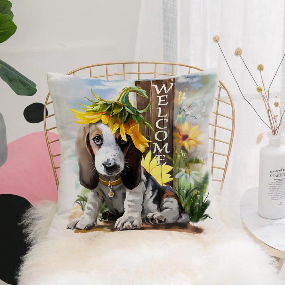 HYMSXW Cushion Cover,Throw Pillow Case Home Decorative for Living Room Bedroom Sofa Chair 20X20 Inch,Dog, Basset Hound, puppy, sunflower, hat,Pillowcase 50X50cm
