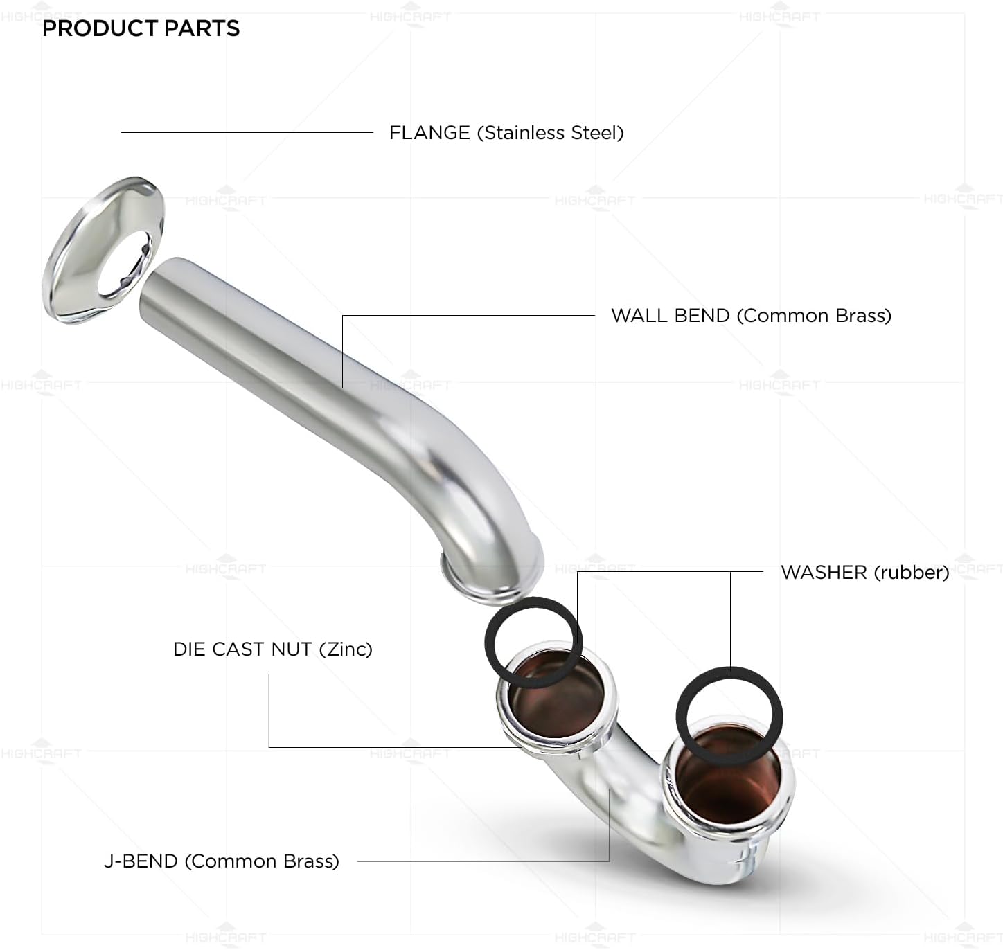 Highcraft Brass P-Trap 1-1/2" Basin Sink Waste Trap with Flange 22-Gauge Sink Trap for Bathroom Sink, Kitchen Sink, Utility Sink Tubular Drain Applications, Chrome Plated Brass Drain Trap