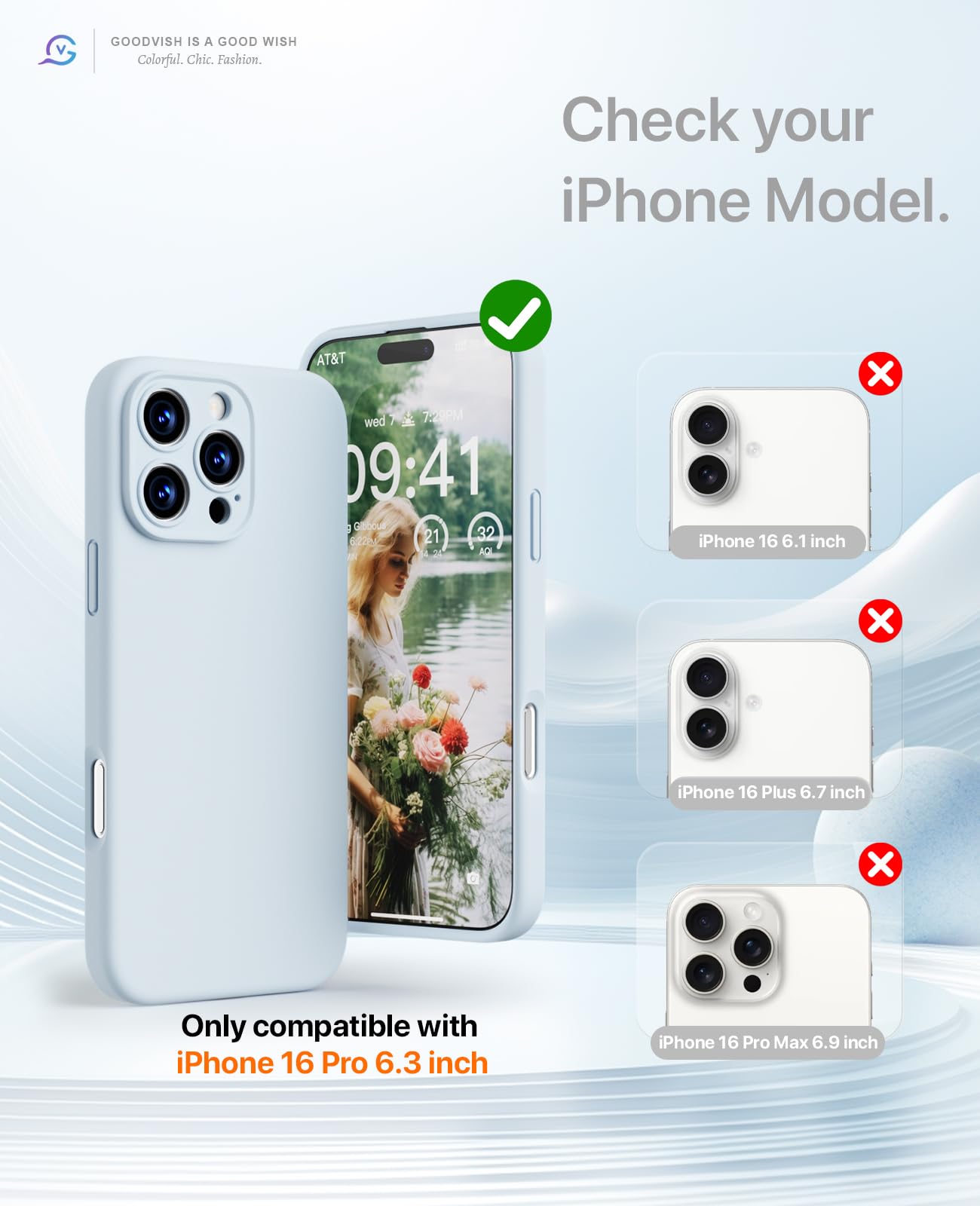 GOODVISH 3 in 1 Silicone Cover per iPhone 16 Pro 6.3", Custodia con 2 Pellicola Vetro Temperato [Protezione Fotocamera] 360° Protezione Anticaduta Case per Cellulare Antiurto Resistente, Cielo Blu