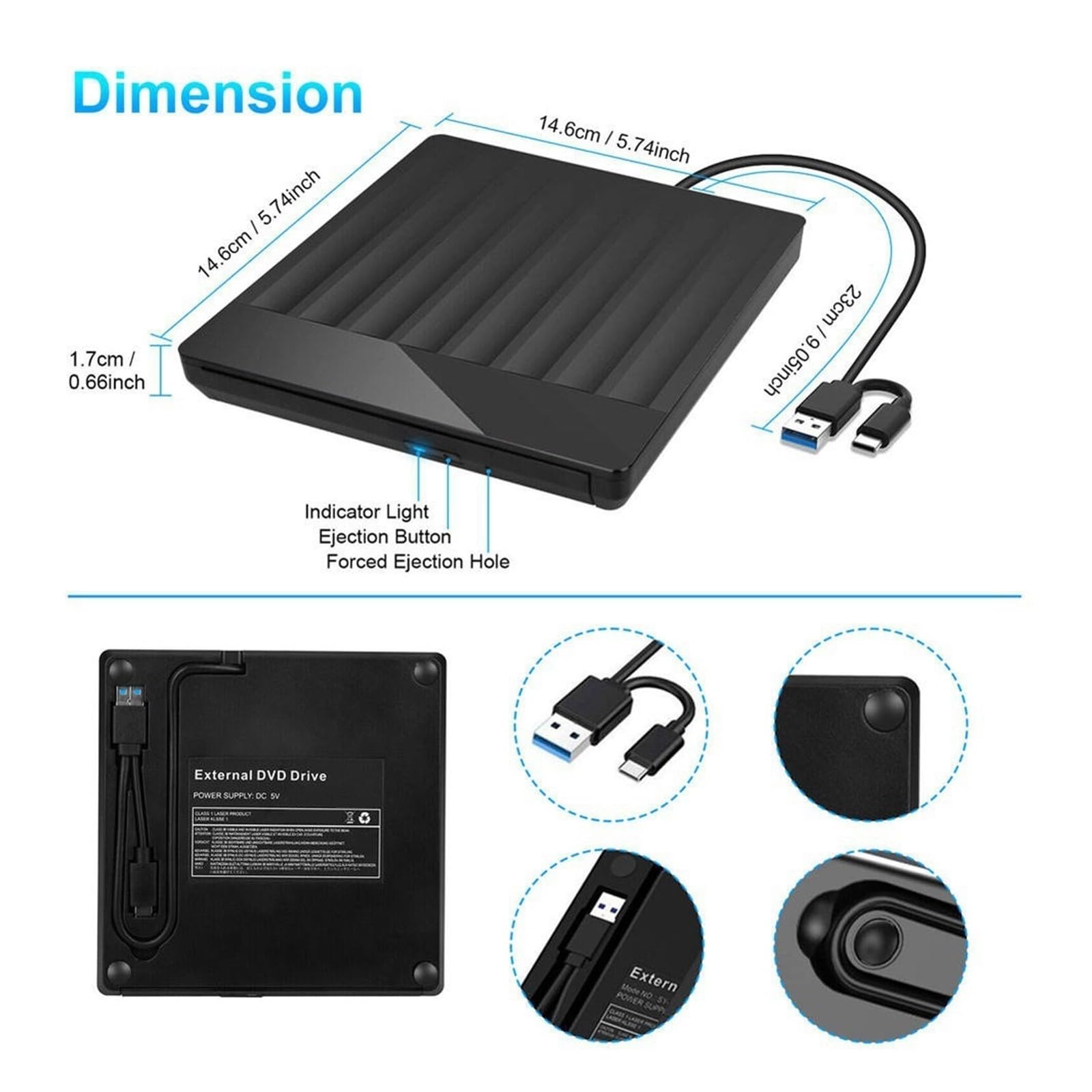 Zewnętrzna Nagrywarka DVD USB3.0+Typ C Czytnik/nagrywarka CD/DVD/Nagrywarka Odtwarzacz PC Uniwersalny Kompaktowy łatwy W UżYciu