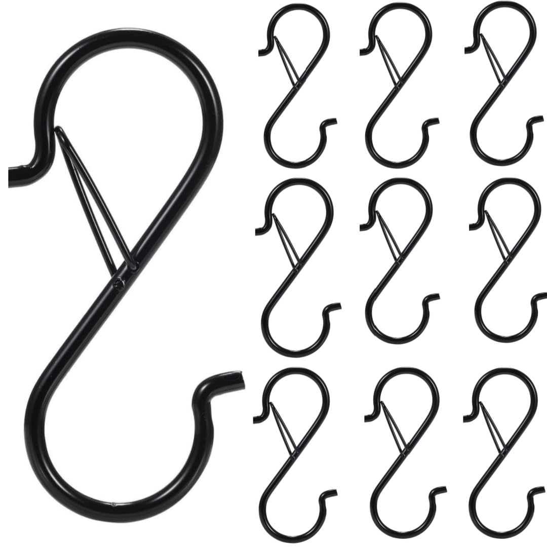 LYMYWUJIN Spring S-Hook,S Shaped Hooks Metal for Hanging Heavy Duty Large Black 9 cm Long with Safety Buckle for Pan Utensil Closet Rod Kitchenware Bathroom Garden Office Plant (10 Pcs)