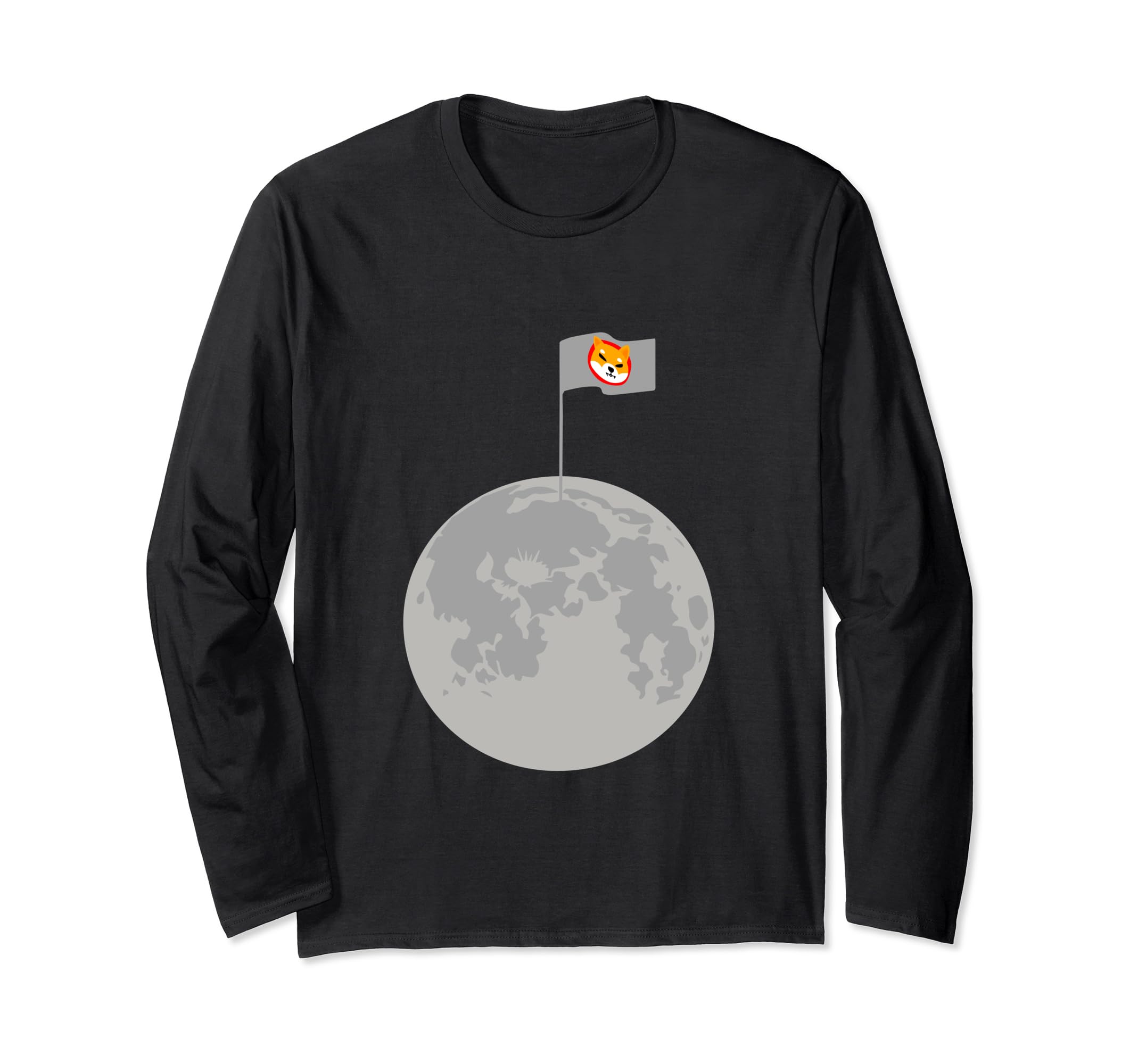 Shiba Inu Coin Flag On Moon Blockchain Cryptocurrency Humor Long Sleeve T-Shirt, Black