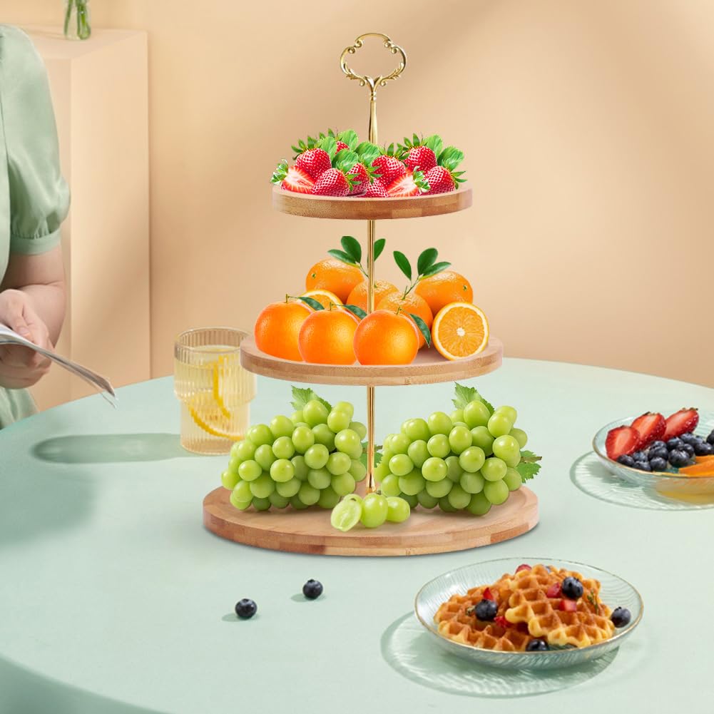 Tnstbiee Alzata per cupcake a 3 ripiani, in legno, per dessert, frutta, noci, formaggio, vassoi rimovibili e supporto pieghevole, perfetto per feste ed eventi, vassoio da portata in legno rustico e