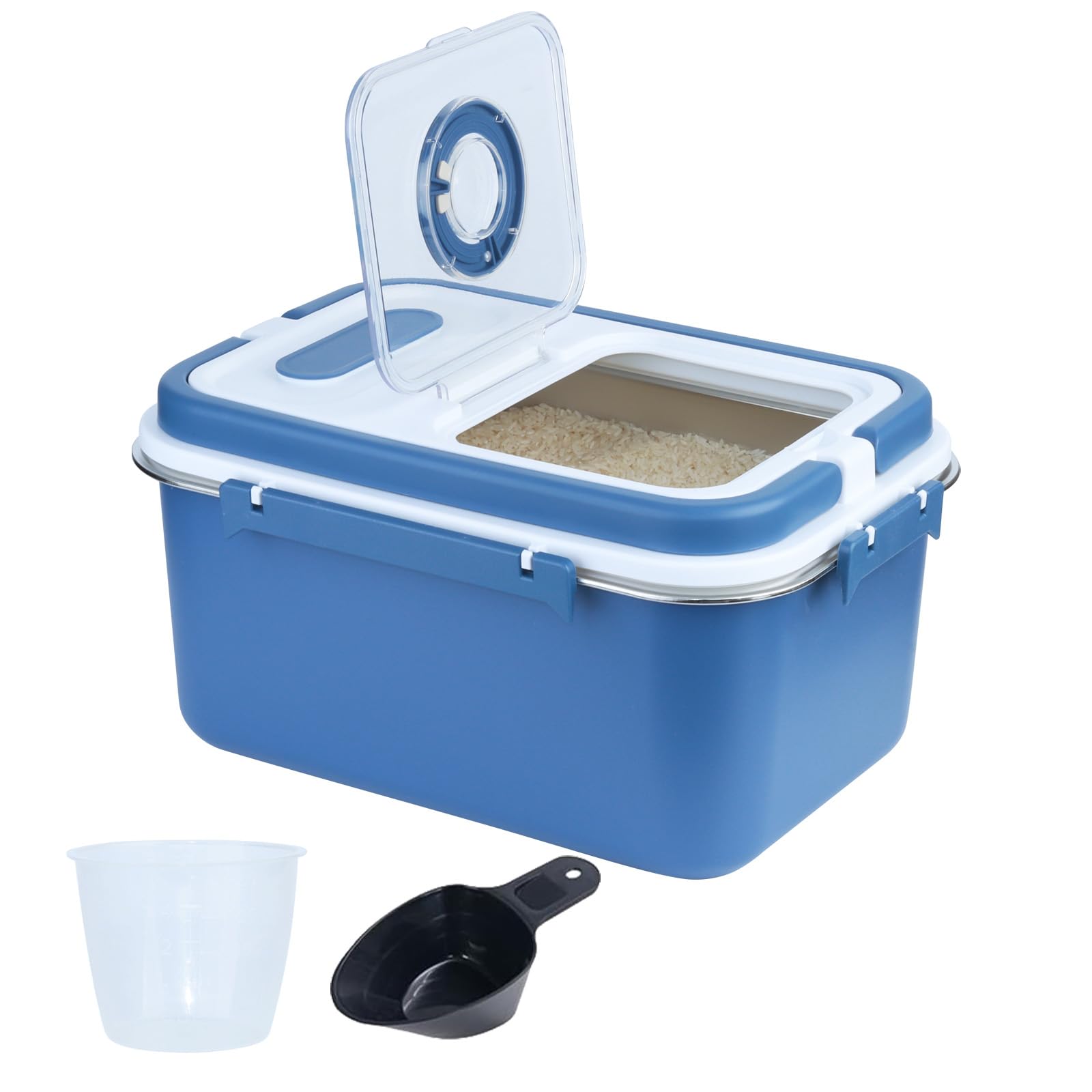 ANMOO 10L Stainless Steel Rice Storage Container with Timer Lid & Handle, Airtight Food Bin with Measuring Cup & Spoon, Kitchen Pantry Canister for Rice, Flour, Sugar & Dry Goods (Blue)