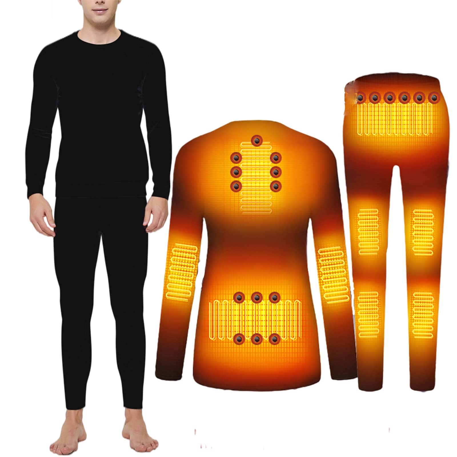 Conjunto de Ropa Interior con calefacción USB para Hombre, Traje de esquí térmico Lavable, Ropa de Invierno para Acampar al Aire Libre, Top elástico cálido + Pantalones (Negro S)
