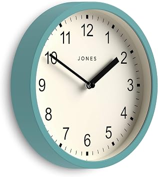 JONES CLOCKS Spin wall Clock | Small Modern Round Clock | 8" | Teal Blue | Easy to Read Numbers | Ideal for Kitchen, Office, Childrens Room or Any Small Space