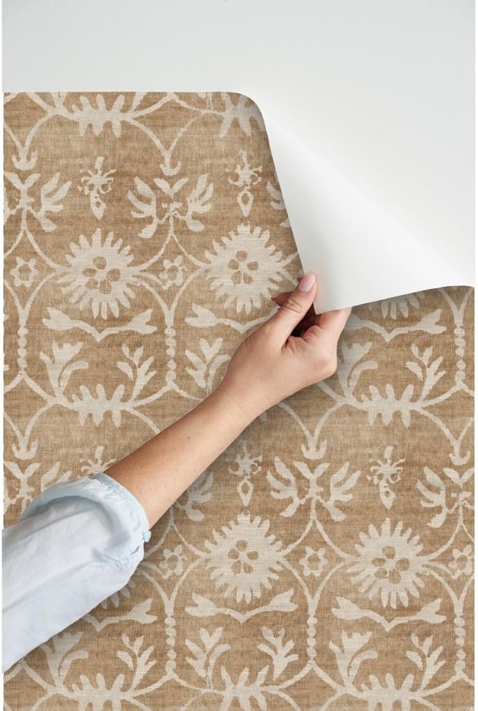 Peel & Stick Wallpaper 3ft x 2ft - Rustic Floral,Farmhouse,Grain Sack,Neutral Flowers,tan Taupe Khaki,Weathered Distressed,Vintage Custom Removable Wallpaper by Spoonflower