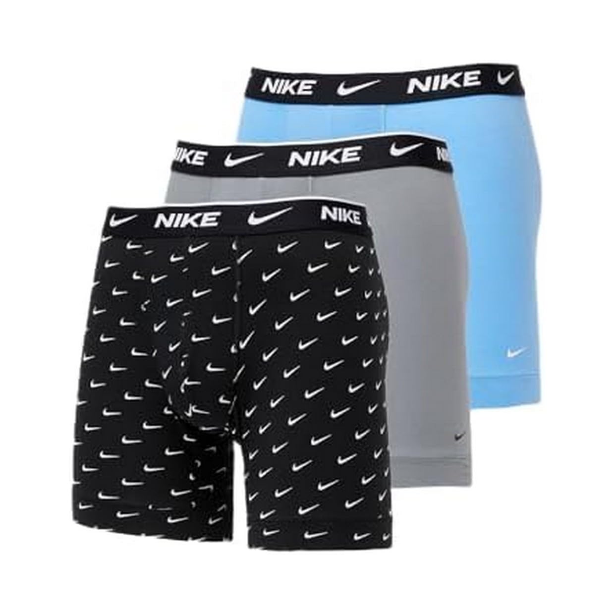Nike Underwear Mężczyźni Essential Boxer Briefs Zestaw 3 sztuki – Dopasowane, Elastyczne tworzywo, Wysoki komfort noszenia, Swoosh Print/Grey/Uni. Blue, XS
