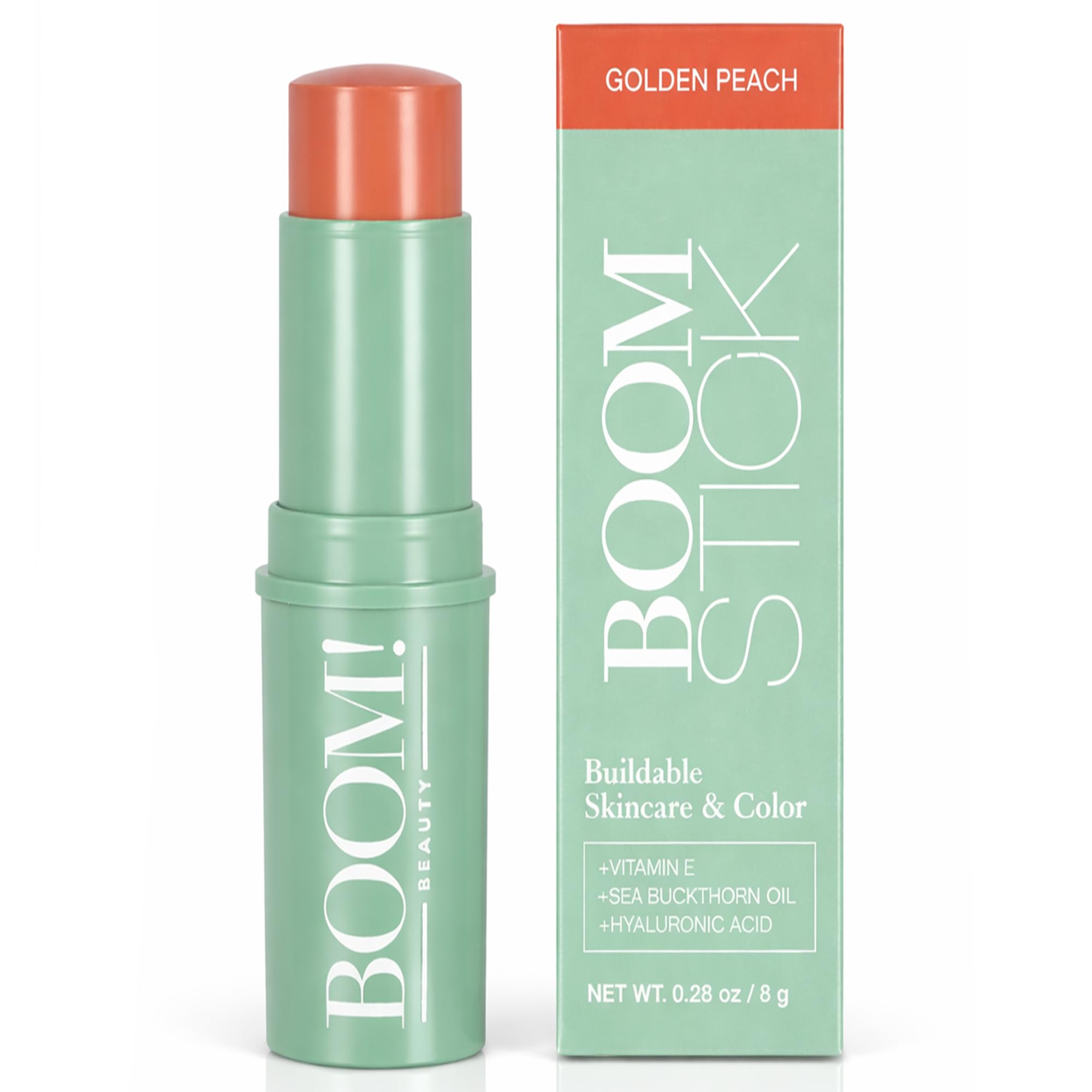 BOOM! by Cindy Joseph Boomstick Golden Peach, 3-in-1 Creme Blush Stick für Augen, Lippen & Wangen, langanhaltende, mischbare & aufbaubare Farbe für reife Haut, vegan & tierversuchsfrei