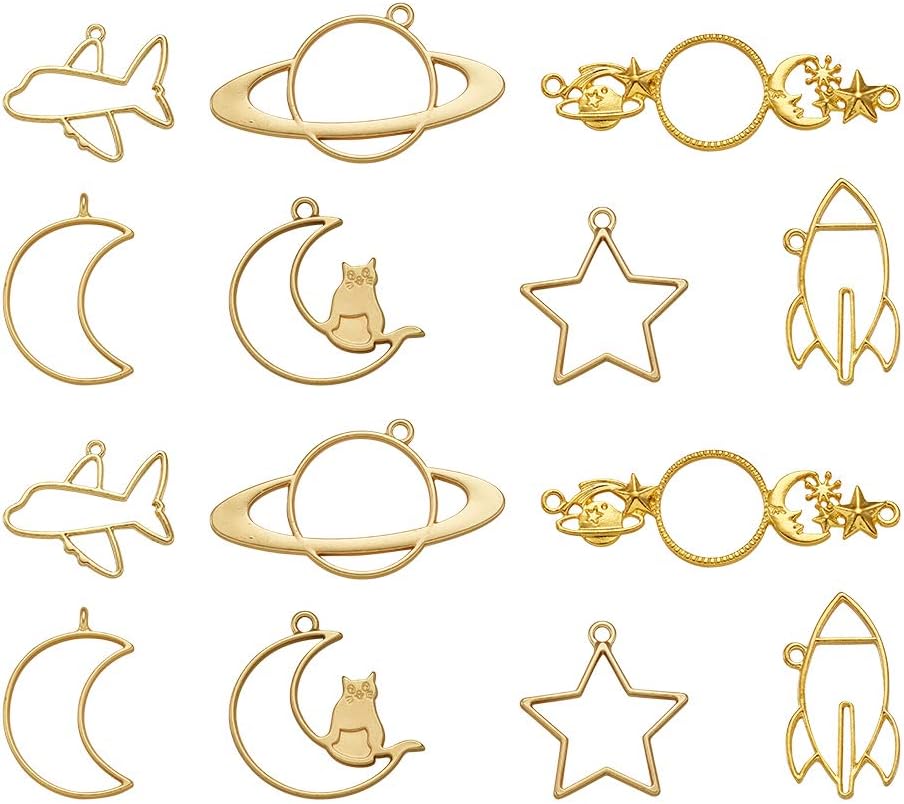 FASHEWELRY 35Pcs Gold Open Bezel Pendants Universe Theme Hollow Mold Blank Frame Setting Charms 7 Styles for DIY Resin Jewelry Making