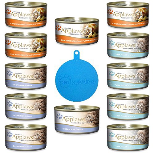 Applaws Additive Free Canned Cat Food In Broth In 3 Flavors: (4) Tuna, (4) Ocean Fish And (4) Chicken With Pumpkin (12 Cans Total, 2.47 Ounces Each) Plus Silicone Lid - 13 Items Total #TOP24