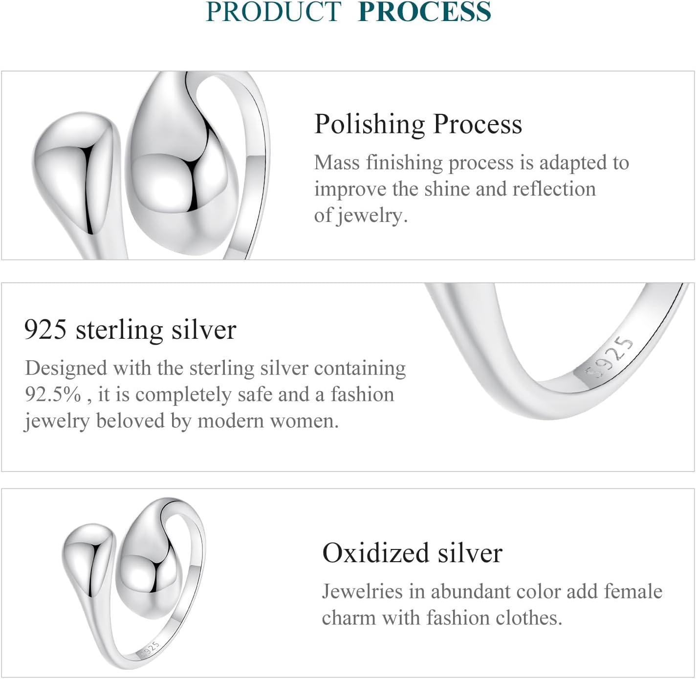 MUNDELL 925 Sterling Silver Ring Water Drop Open Ring Teardrop Adjustable Ring for Women Chunky Stackable Ring Fine Jewelry - Image 7