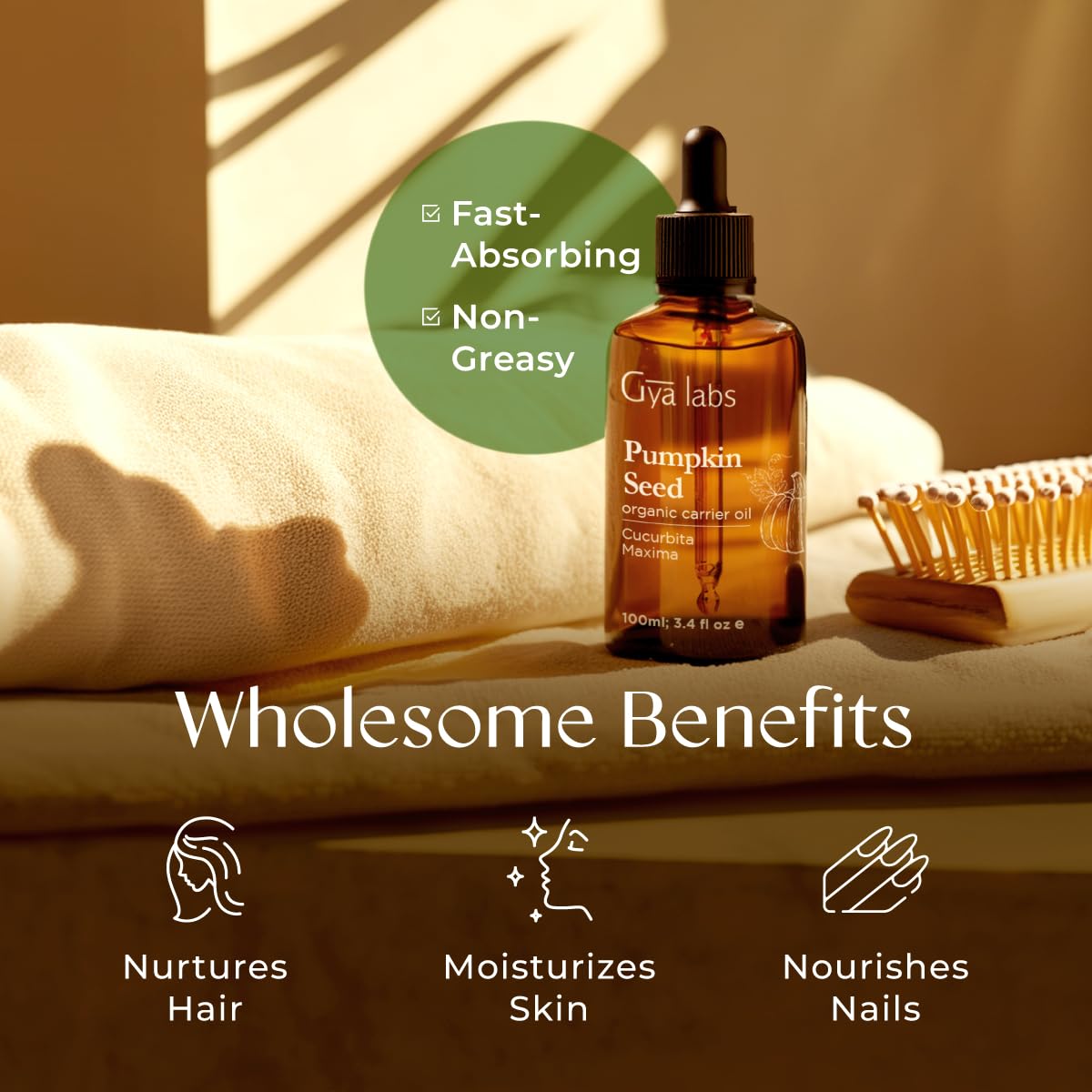 Gya Labs Organic Pumpkin Seed Oil For Hair Growth - 100% Pure Pumpkin Seed Oil Cold Pressed For Skin - Unrefined Pumpkin Oil For Hair, Skin, Face, Nourishing & Strengthening (100ml)