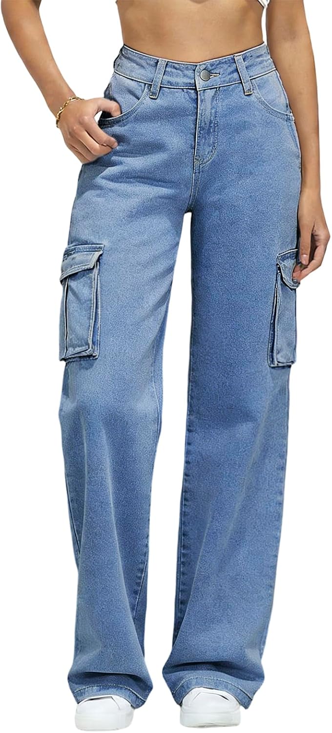 Wide Leg Jeans for Women Plus Size Stretch Straight Leg Jean for Women High Waisted Baggy Jeans Cargo