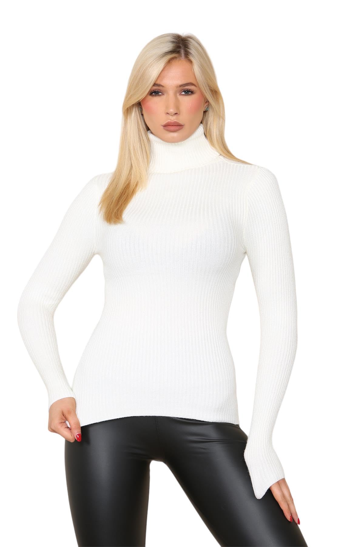 Wickedfashions123 Women's Cream Office Formal Jumpers Turtle Polo Neck Wool Jumper Ribbed Sweater Outdoor Fashion Tunic Top Casual Wear Winter Warm Sweatshirts Knitted Jumper Top Uk Size 8-14