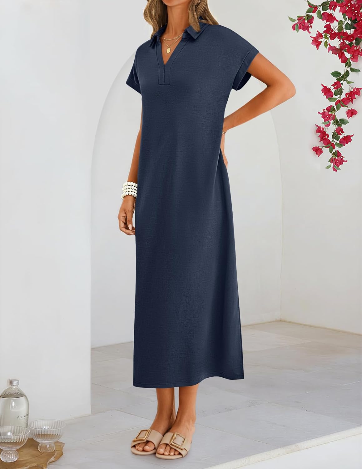 MEROKEETY Women's Summer Casual Maxi Dress 2026 Cap Sleeve V Neck Collared Beach Vacation T Shirt Long Dresses - Image 3