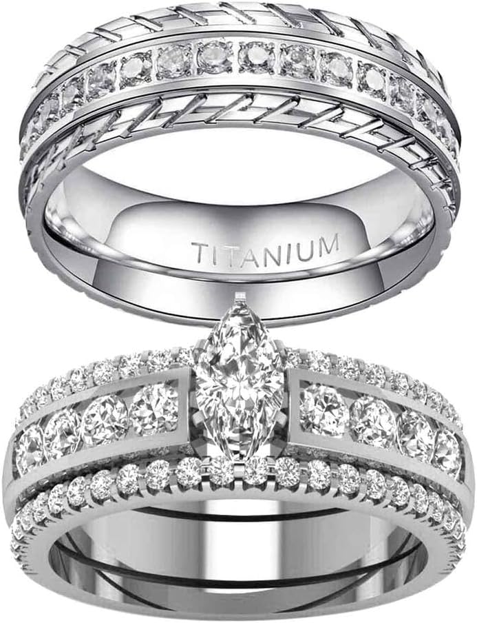 ringheart 2 Rings Yellow Gold Plated His and Hers Rings Couple Rings Cz 3pcs Womens Wedding Ring Sets Titanium Steel Mens Wedding Bands