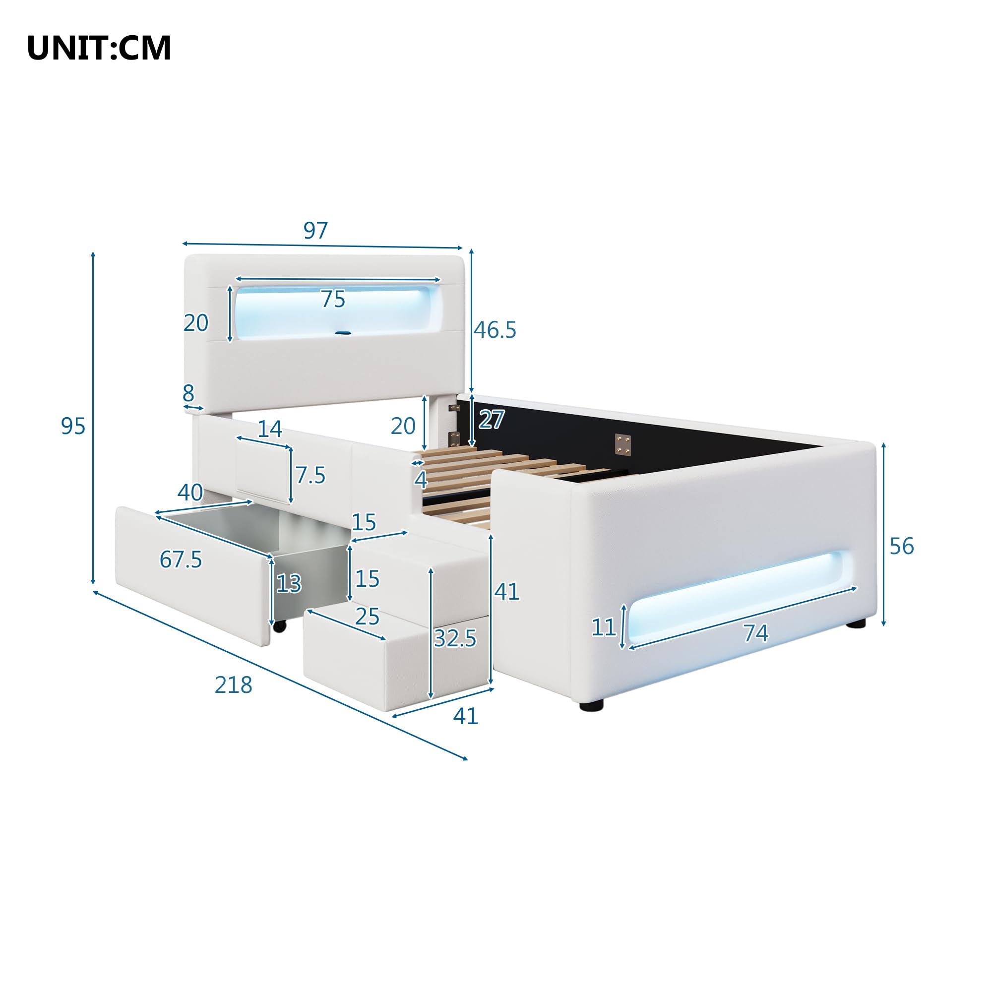 Tapicerowane łóżko platformowe 90 x 200 cm, białe, z szufladami LED, schody, USB