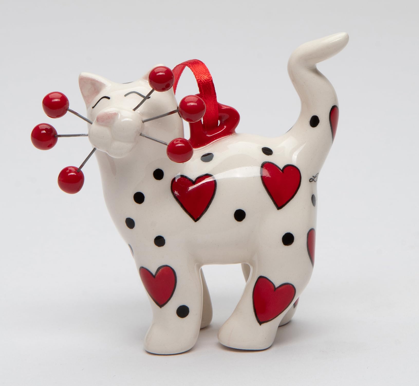 Cosmos Gifts 56597ORNT Ceramic Whisker Cat with Red Hearts Ornament Figurine -Design by Amy Lacombe