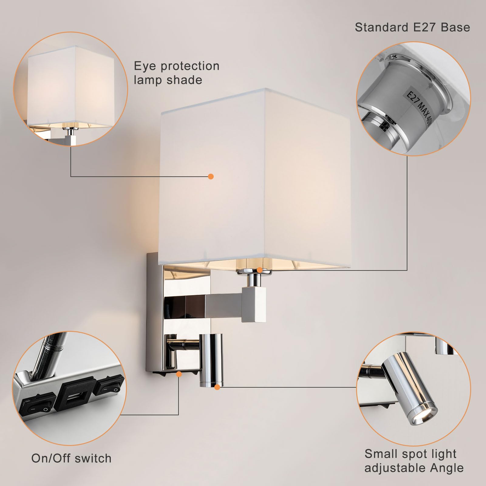 HARPER LIVING 1xE27/ES haut en bas Applique murale avec ajustable LED Liseuse, 1 USB port et 2 sur/de commutateurs, finition chrome poli, abat-jour en tissu blanc, (Ombre carrée)