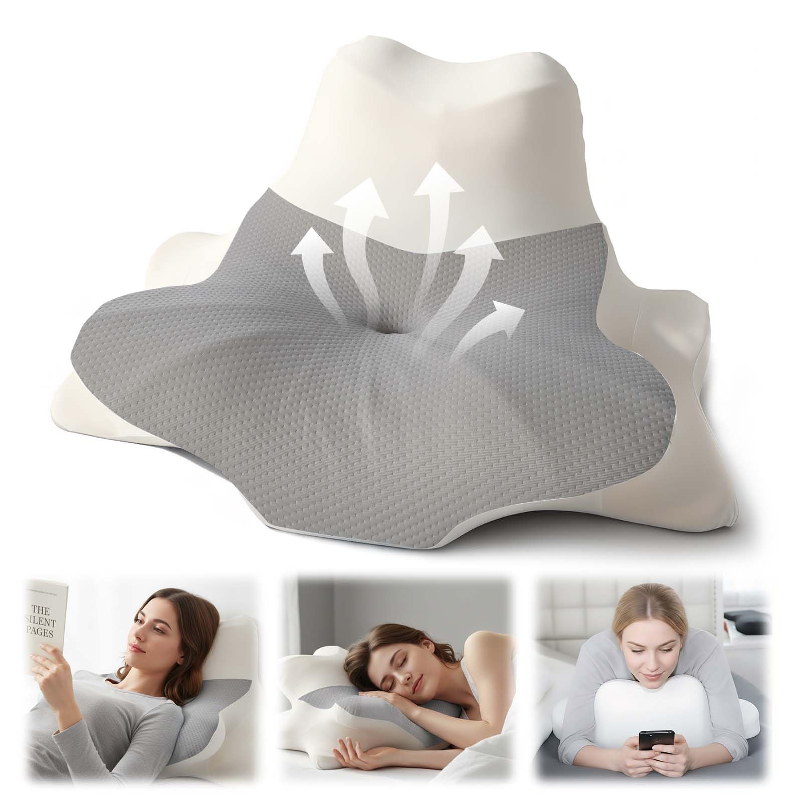 OKYUK Almohada Cervical 4 en 1 ergonómica con diseño de Dos Zonas, Almohada de Espuma viscoelástica con Funda extraíble para los Lados, la Espalda y el Vientre (Gris-Blanco)