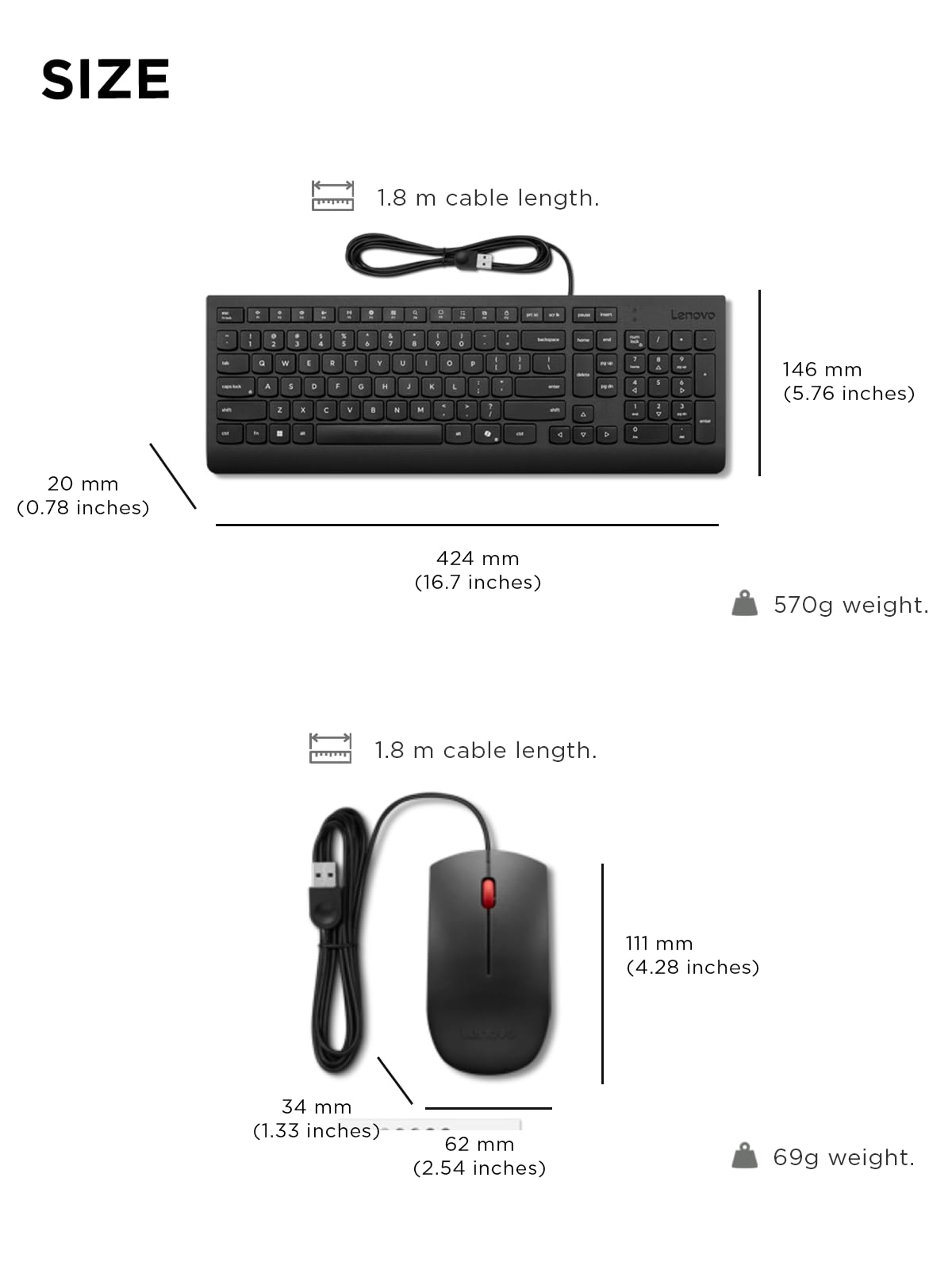 Lenovo Essential - Combo de teclado y mouse con cable, inglés de EE. UU., pies ajustables, teclas resistentes a derrames, mouse óptico ambidiestro de tamaño completo, 1600 DPI, negro | Teclado de tamaño completo con mouse y conexión USB para escribir, pro