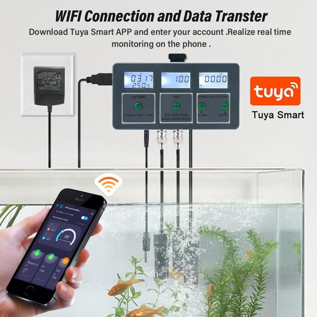 Monitor inteligente WiFi de calidad del agua, medidor de pH 8 en 1, registrador de datos, temperatura, ideal para acuarios, piscinas, hidroponía, medición TDS, salinidad, S.G., EC, ORP, herramienta de