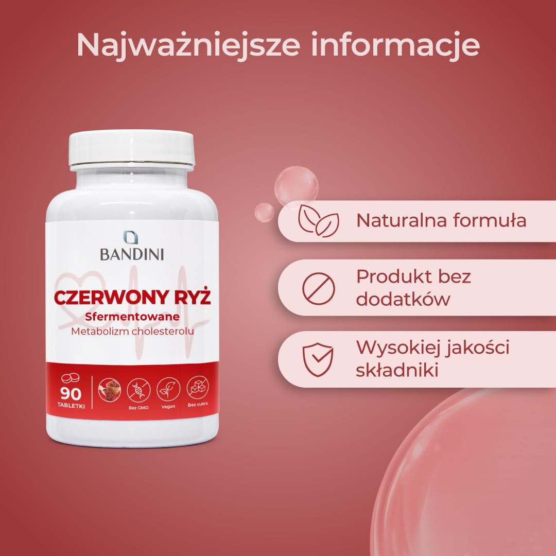 Bandini® FERMENTED RED RICE z drożdży Monascus Purpureus, 99,7 mg czerwonego ryżu, 2,9 mg monakoliny K, bez dodatków, wegański, bez GMO, 90 łatwych do połknięcia tabletek (3 miesiące)