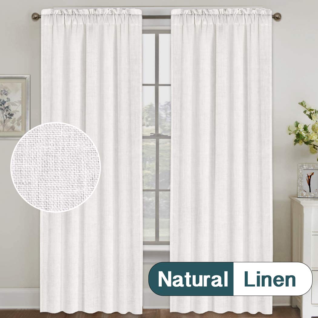 FantasDecor Linen Sheer Curtains 96 inch Length 2 Panels Set Light Filtering Privacy Drapes Rod Pocket Window Blinds Decor Shades for Farmhouse Living Room, Off White
